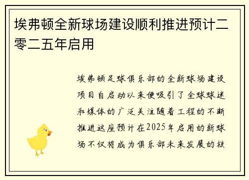 埃弗顿全新球场建设顺利推进预计二零二五年启用